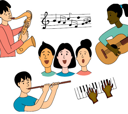 Illustration of kids playing musical instruments and singing